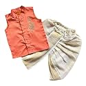 Picksparrow Baby Boy Cotton Silk-Tissue Kasavu Cotton Shirt with Dhoti pant (Peacock-Sleeveless)