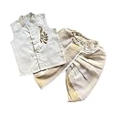 Picksparrow Baby Boy Cotton Silk-Tissue Kasavu Cotton Shirt with Dhoti pant (Peacock-Sleeveless)
