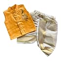 Picksparrow Baby Boy Cotton Silk-Tissue Kasavu Cotton Shirt with Dhoti pant (Peacock-Sleeveless)