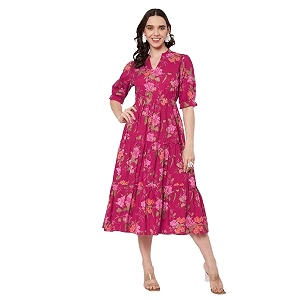 PIDAVLIYAS Womens Cotton Floral Printed Midi Dress