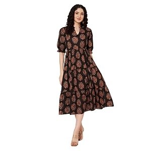 PIDAVLIYAS Womens Cotton Floral Printed Midi Dress