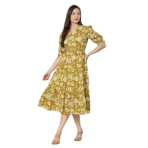 PIDAVLIYAS Womens Cotton Floral Printed Midi Dress