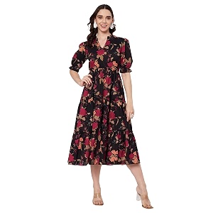 PIDAVLIYAS Womens Cotton Floral Printed Midi Dress