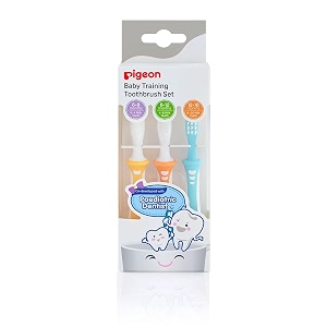 pigeon baby training toothbrush set lesson 1 2 amp 3  oral care training for 618 month babies  soft bristles  stage-wise brushing system  yellow orange amp blue