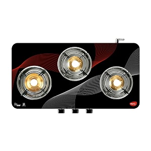 pigeon cosmic 3 burner glass cooktop  sabaf valves and burners  7 year warranty  rust proof ultra - slim body  toughened glass  92mm super jumbo brass burner  manual ignition