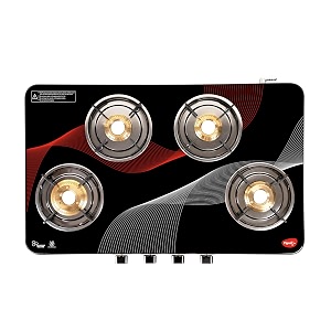 pigeon cosmic 4 burner glass cooktop  sabaf valves and burners  7 year warranty  rust proof ultra - slim body  toughened glass  92mm super jumbo brass burner  manual ignition