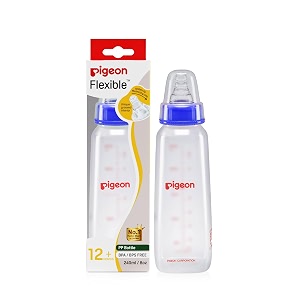 pigeon flexible baby feeding bottle  japan39s no1 brand  ideal for 12 month babies  bpa free bps free  uniquely designed nipple releases milk only when baby drinks  blue colour  240 ml