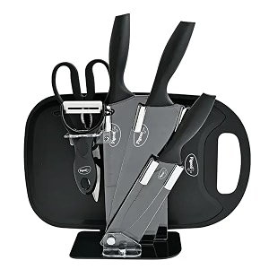 pigeon by stovekraft edge multipurpose combohigh grade stainless steel3 pcs kitchen knife 1 chopping board 1 peeler 1 scissor and 1 stand black
