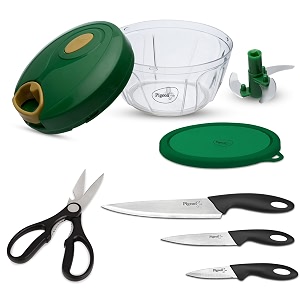 pigeon by stovekraft kitchen tools value combo stainless steel 400ml chopper amp storage 3 knives set 1 kitchen scissor green