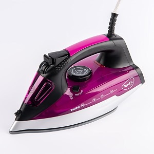 pigeon by stovekraft satin steam iron for clothes  2400 watts instant heat with spray purple ceramic base plate with glidetech  anti drip  hyperburst amp vertical steam self-clean 17m long cord