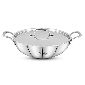 pigeon tristeel triply stainless steel kadai with lid 22cm 28l  triply kadai with heavy bottom  induction friendly triply stainless steel cookware kadhai  1 year warranty