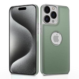 pikkme chrome leather back cover  flexible pu leather  full camera protection  silver electroplated chrome  bumper case for iphone 15 pro max chrome green