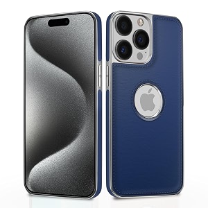 pikkme chrome leather back cover  flexible pu leather  full camera protection  silver electroplated chrome  bumper case for iphone 15 pro max chrome blue