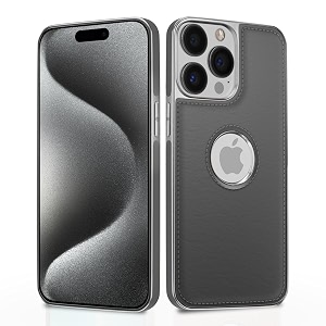 pikkme chrome leather back cover  flexible pu leather  full camera protection  silver electroplated chrome  bumper case for iphone 15 pro max chrome gray