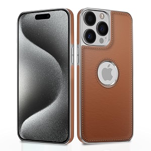 pikkme chrome leather back cover  flexible pu leather  full camera protection  silver electroplated chrome  bumper case for iphone 15 pro max chrome tan
