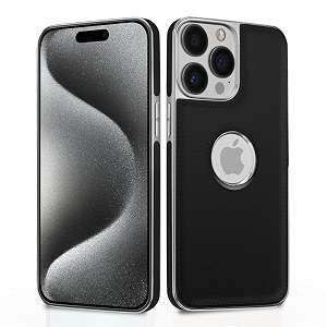 pikkme chrome leather back cover  flexible pu leather  full camera protection  silver electroplated chrome  bumper case for iphone 15 pro max chrome black
