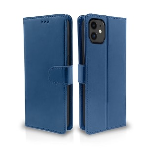 pikkme flip case leather finish  inside tpu with card pockets  wallet stand and shock proof  magnetic closing  complete protection flip cover for iphone 11 blue