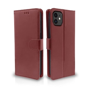 pikkme flip case leather finish  inside tpu with card pockets  wallet stand and shock proof  magnetic closing  complete protection flip cover for iphone 11 brown