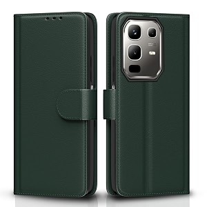 pikkme flip cover for infinix note 50x 5g leather finish  inside tpu with card pockets  wallet stand and shock proof  complete protection flip casegreen