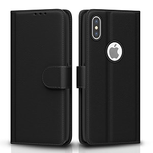 pikkme flip cover for iphone xxs  leather finish  shockproof with card pockets amp wallet stand  ultimate protection caseblack