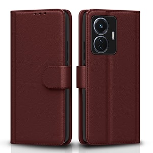 pikkme flip cover for iqoo z6 44w t1 44w  leather finish  shockproof with card pockets amp wallet stand  ultimate protection casebrown