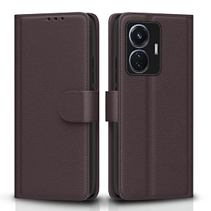 pikkme flip cover for iqoo z6 44w  vivo t1 44w  leather finish  shockproof with card pockets amp wallet stand  ultimate protection casecoffee