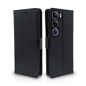 pikkme flip cover leather finish  inside tpu with card pockets  wallet stand and shock proof  complete protection flip case for vivo y300 5gblack