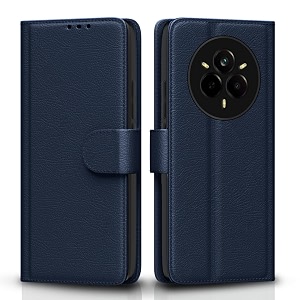 pikkme flip cover leather finish  inside tpu with card pockets  wallet stand and shock proof  complete protection flip case for realme 14 pro 5gblue