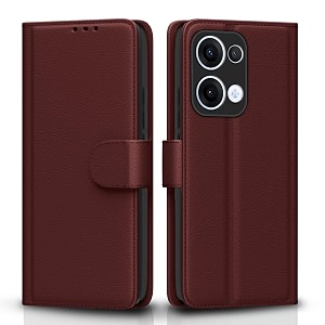 pikkme flip cover leather finish  inside tpu with card pockets  wallet stand and shock proof  complete protection flip case for oppo reno 13 5gbrown