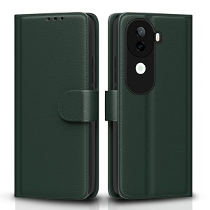 pikkme flip cover leather finish  inside tpu with card pockets  wallet stand and shock proof  complete protection flip case for vivo v40e 5g  iqoo z9s 5ggreen