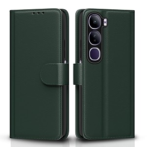 pikkme flip cover leather finish  inside tpu with card pockets  wallet stand and shock proof  complete protection flip case for vivo y300 5ggreen