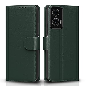 pikkme flip cover leather finish  inside tpu with card pockets  wallet stand and shock proof  complete protection flip case for moto g35 5ggreen