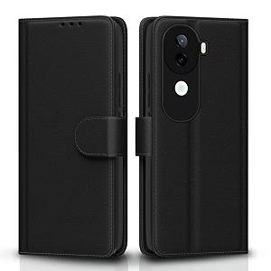 pikkme flip cover leather finish  inside tpu with card pockets  wallet stand and shock proof  complete protection flip case for vivo v40e 5g  iqoo z9s 5gblack