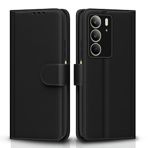 pikkme flip cover leather finish  inside tpu with card pockets  wallet stand and shock proof  complete protection flip case for realme c75black