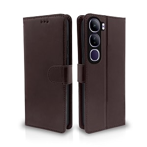 pikkme flip cover leather finish  inside tpu with card pockets  wallet stand and shock proof  complete protection flip case for vivo y300 5gcoffee
