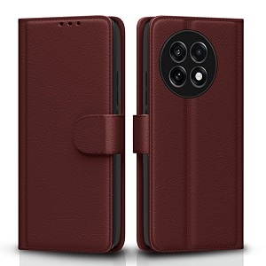 pikkme flip cover leather finish  inside tpu with card pockets  wallet stand and shock proof  complete protection flip case for oneplus 13r 5gbrown