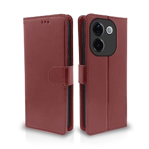 pikkme flip cover leather finish  inside tpu with card pockets  wallet stand and shock proof  complete protection flip case for vivo t3 pro 5g  iqoo z9s pro 5g brown