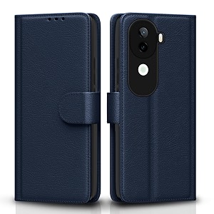 pikkme flip cover leather finish  inside tpu with card pockets  wallet stand and shock proof  complete protection flip case for vivo v40e 5g  iqoo z9s 5gblue