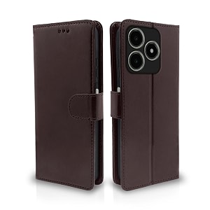pikkme flip cover leather finish  inside tpu with card pockets  wallet stand and shock proof  complete protection flip case for realme c63 4g coffee