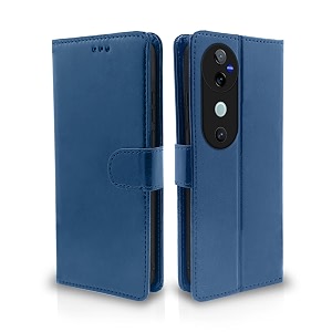pikkme flip cover leather finish  inside tpu with card pockets  wallet stand and shock proof  complete protection flip case for vivo v40 5g  v40 pro 5g  t3 ultra 5g blue