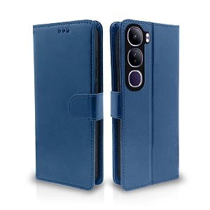 pikkme flip cover leather finish  inside tpu with card pockets  wallet stand and shock proof  complete protection flip case for vivo y300 5gblue