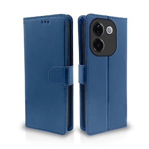 pikkme flip cover leather finish  inside tpu with card pockets  wallet stand and shock proof  complete protection flip case for vivo t3 pro 5g  iqoo z9s pro 5g blue