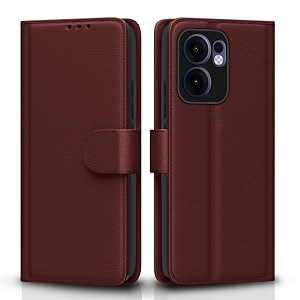 pikkme flip cover leather finish  inside tpu with card pockets  wallet stand and shock proof  complete protection flip case for oppo reno 13f 5gbrown