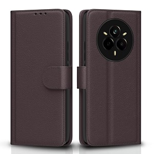 pikkme flip cover leather finish  inside tpu with card pockets  wallet stand and shock proof  complete protection flip case for realme 14 pro 5gcoffee