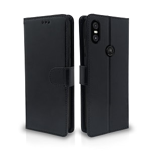 pikkme flip cover leather finish  inside tpu with card pockets  wallet stand and shock proof  complete protection flip case for moto one power black