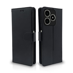 pikkme flip cover leather finish  inside tpu with card pockets  wallet stand and shock proof  complete protection flip case for realme c63 4g black