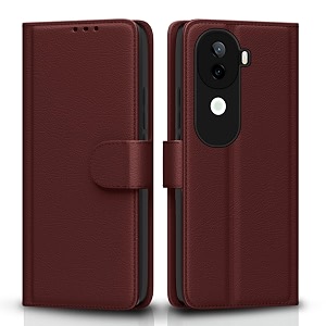 pikkme flip cover leather finish  inside tpu with card pockets  wallet stand and shock proof  complete protection flip case for vivo v40e 5g  iqoo z9s 5gbrown
