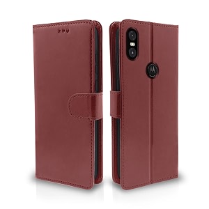 pikkme flip cover leather finish  inside tpu with card pockets  wallet stand and shock proof  complete protection flip case for moto one power brown