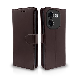 pikkme flip cover leather finish  inside tpu with card pockets  wallet stand and shock proof  complete protection flip case for vivo t3 pro 5g  iqoo z9s pro 5g coffee