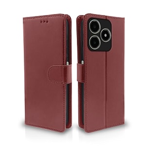 pikkme flip cover leather finish  inside tpu with card pockets  wallet stand and shock proof  complete protection flip case for realme c63 4g brown